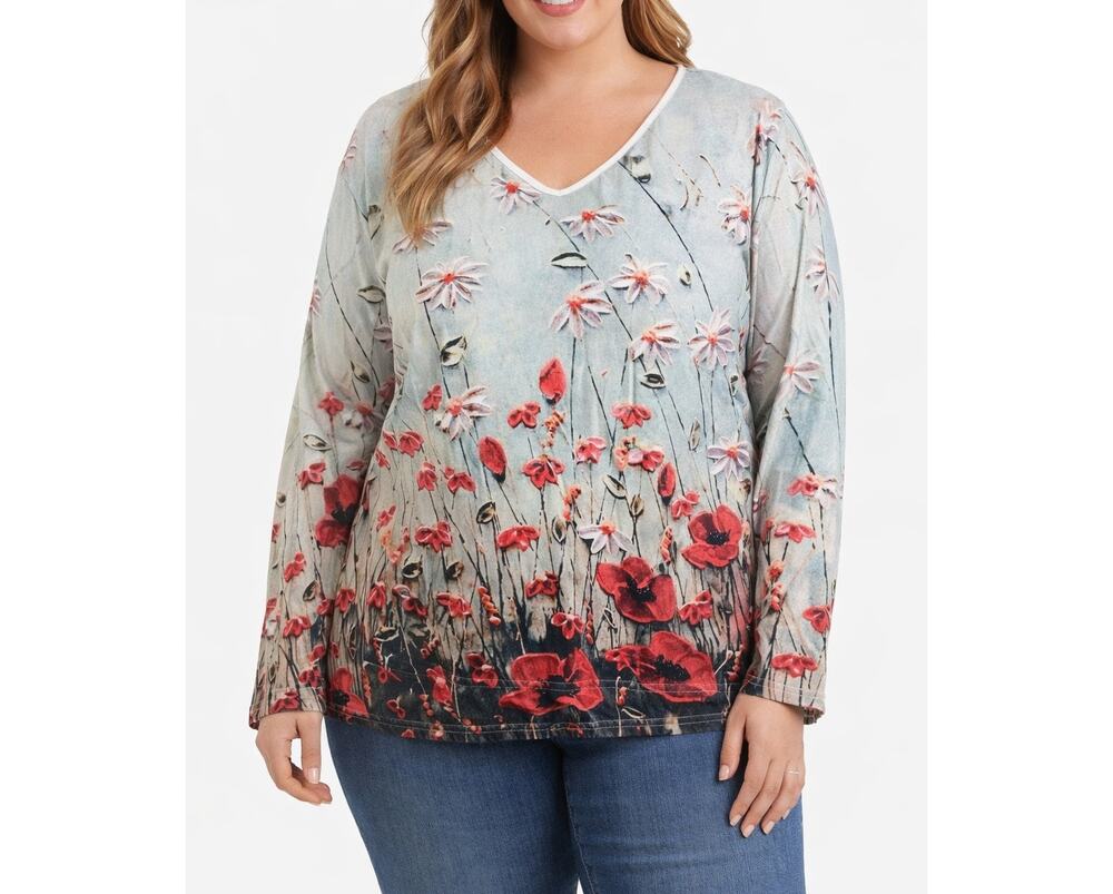 Misslook Women's Green Floral Long Sleeve V-Neck Shirt Size 2XL Wool Blend